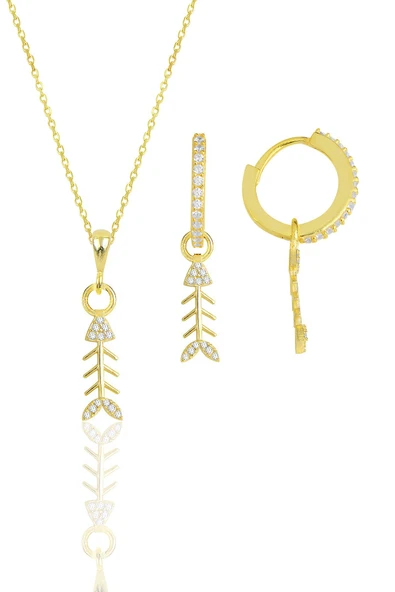 Gümüş altın yaldızlı zirkon taşlı balık kılçığı modeli kolye ve küpe ikili set SGTL11879GOLD ürün görseli 1