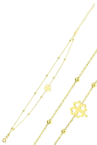 Gümüş altın yaldızlı top top çift zincirli yonca bileklik SGTL11867GOLD ürün görseli 1