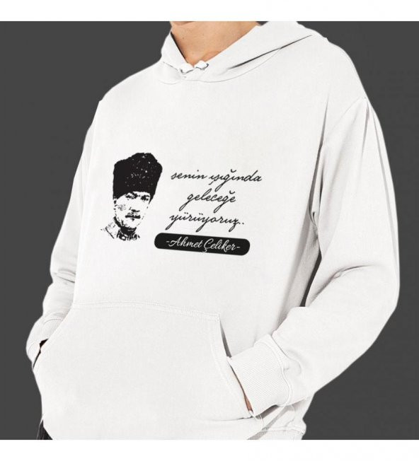 Kişiye Özel Atatürk Baskılı Kapşonlu Beyaz Unisex Sweatshirt HK2300 ürün görseli 1
