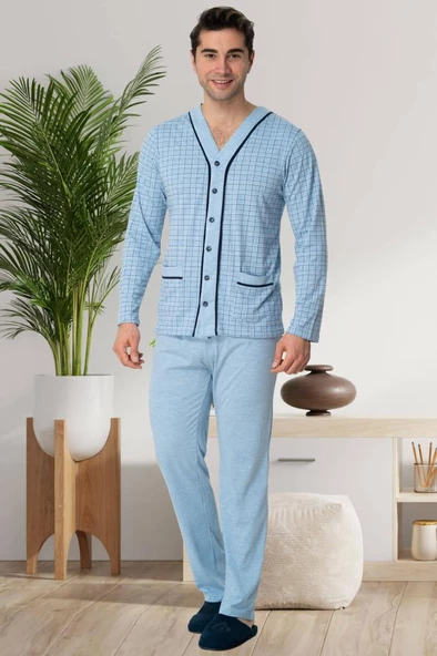 Mecit 22767 Erkek Mavi Önden Düğmeli Büyük Beden Pijama Takımı ürün görseli 1