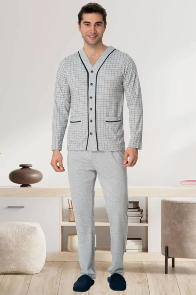 Mecit 22767 Erkek Gri Önden Düğmeli Büyük Beden Pijama Takımı ürün görseli 1