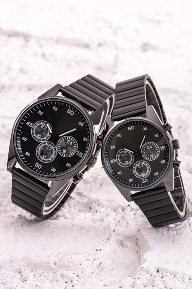 Çift Siyah Çelik Kordon Analog Kadın Erkek Kol Saati Kombin Saat ST-304220 ürün görseli 1