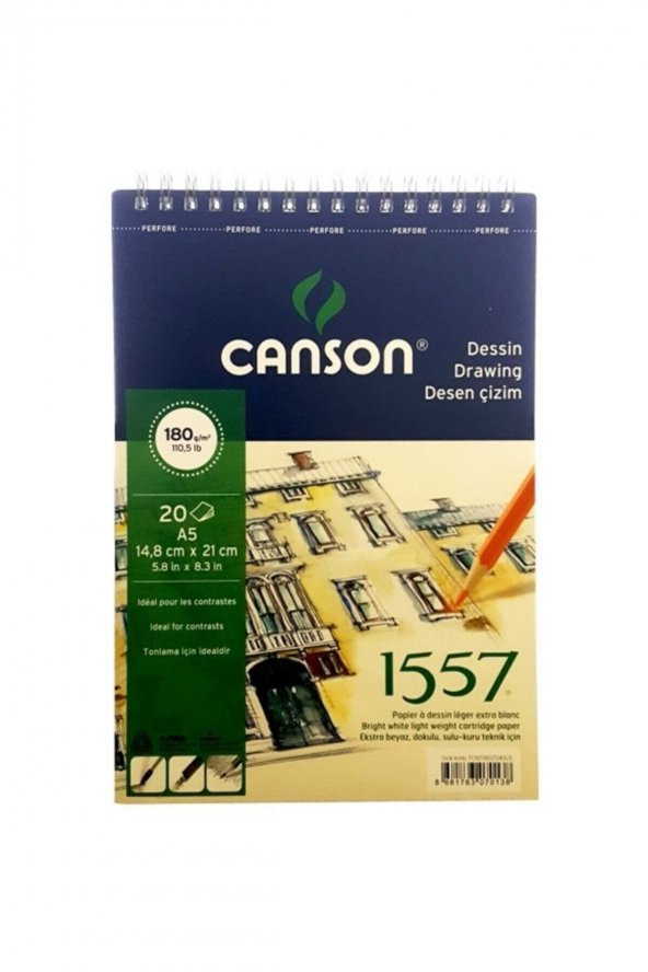Canson A5-180 gr 1557 Desen Çizim Blok Resim Defteri Spiralli 20 Yp. ürün görseli 1