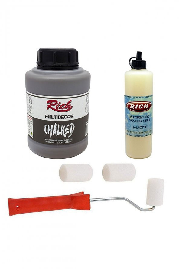 Rich 3lü Boya Seti Chalked Boya 1250cc 4578 Retro Siyah + 500cc Mat Vernik + Rulo Fırça ürün görseli 1
