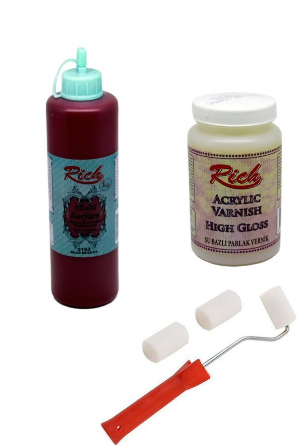 Rich 3lü Boya Seti Multi Surface Bordo 500cc + Parlak Vernik 250cc + Rulo Fırça ürün görseli 1