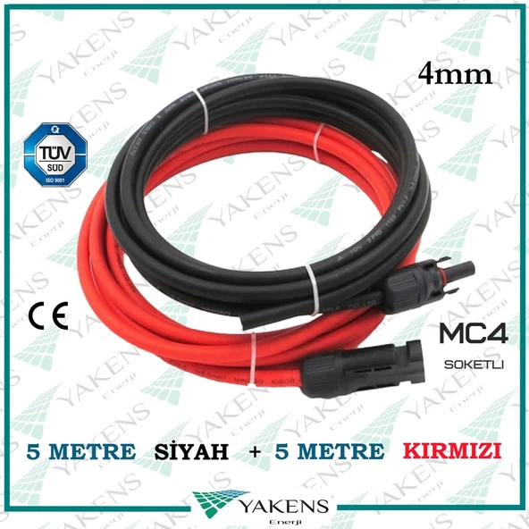 Mc4 Soketli Solar Kablo (5m+5m) 4mm Toplam 10 Metre Güneş Paneli Hazır Solar Kablo Seti Kırmızı Siyah ürün görseli 1