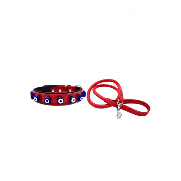 DESİNGSHOP Kırmızı Deri Örgü Köpek Gezdirme 90cm Ve Hakiki Deri Nazar Boncuklu Köpek Tasması 56x2,5cm 2li Set ürün görseli 1