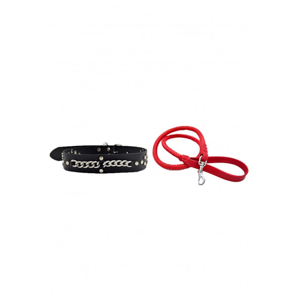 DESİNGSHOP Kırmızı Deri Örgü Köpek Gezdirme Kayışı 90cm Ve Hakiki Deri Köpek Tasması 4x67cm 2li Set ürün görseli 1