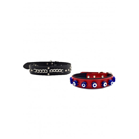 DESİNGSHOP Hakiki Deri Nazar Boncuklu Köpek Tasması 56x2,5cm Ve Hakiki Deri Köpek Tasması 4x67cm 2li Set dsg2673gt ürün görseli 1
