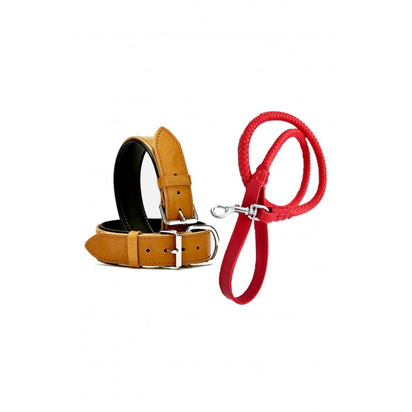 DESİNGSHOP Kırmızı Deri Örgü Köpek Gezdirme Kayışı 90cm Ve Kahverengi Deri Köpek Tasması ürün görseli 1