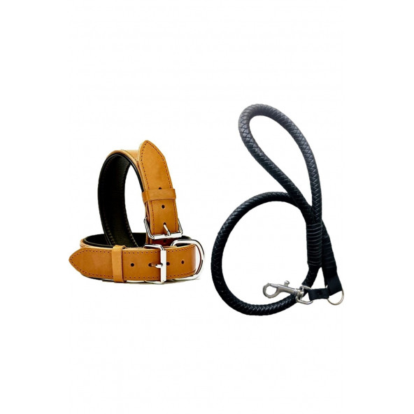 DESİNGSHOP Siyah Deri Örgü Köpek Gezdirme Kayışı 90cm Ve Kahverengi Deri Köpek Tasması 2,5x56 Cm Toplam 2 Adet ürün görseli 1