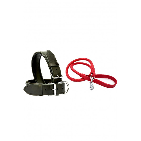 DESİNGSHOP Kırmızı Deri Örgü Köpek Gezdirme Kayışı 90cm Ve Siyah Deri Köpek Tasması 2,5x56 Cm 2li ürün görseli 1