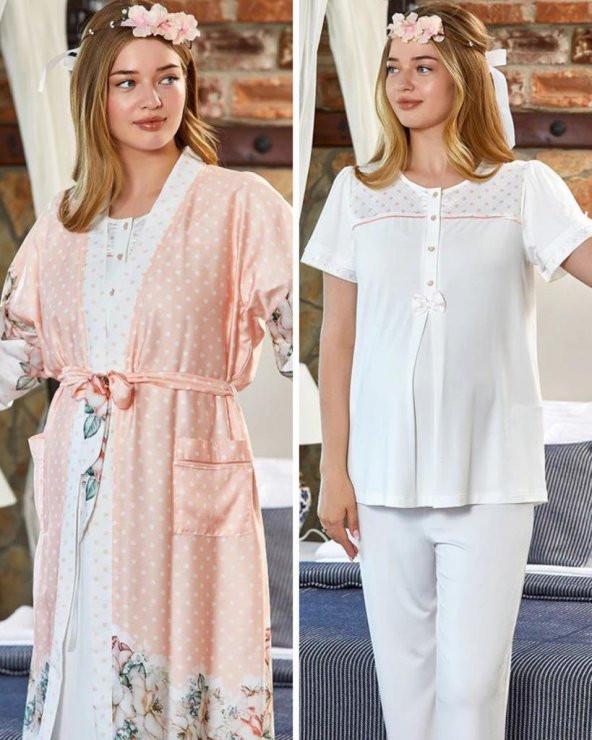 Cossy By Aqua 23171-23172 Pudra Hamile Lohusa 3 Lü Pijama Sabahlık Takımı ürün görseli 1