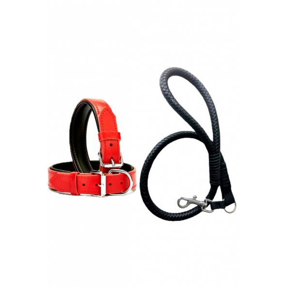 DESİNGSHOP Siyah Deri Örgü Köpek Gezdirme Kayışı 90cm Ve Kırmızı Deri Köpek Tasması 2,5x56 Cm Toplam ürün görseli 1