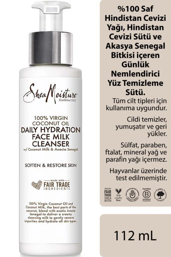 Shea Moisture 100 Saf Hindistan Cevizi Yağlı Günlük Nemlendirici Yüz Temizleme Sütü 112ML ürün görseli 1
