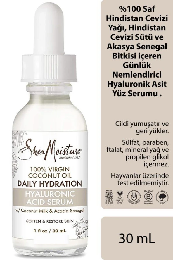 Shea Moisture 100 Saf Hindistan Cevizi Yağlı Günlük Nemlendirici Hyaluronik Asit Yüz Serumu 30ML ürün görseli 1