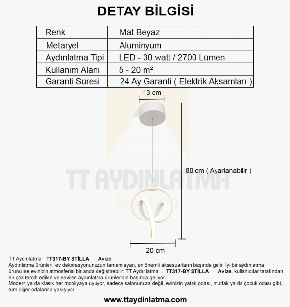 TT Aydınlatma TT317-BY  Stilla Modeli Mat Beyaz Led Avize - Resim 3