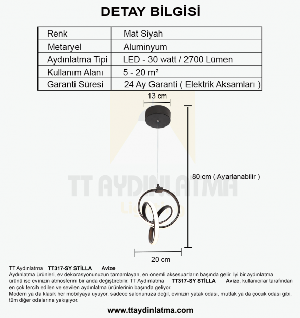 TT Aydınlatma TT317-SY  Stilla Modeli Mat Siyah Led Avize - Resim 4