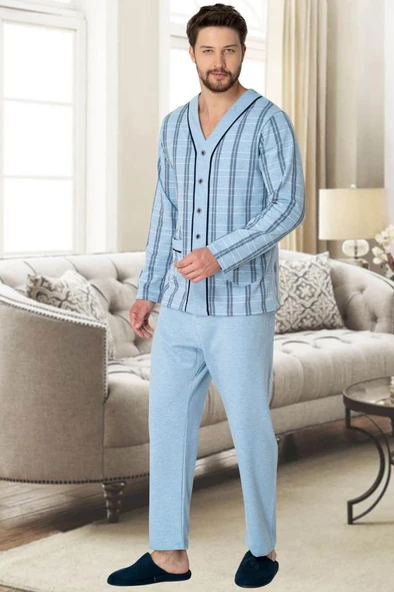 Mecit 2767 Mavi Önden Düğmeli Büyük Beden Erkek Pijama Takımı ürün görseli 1
