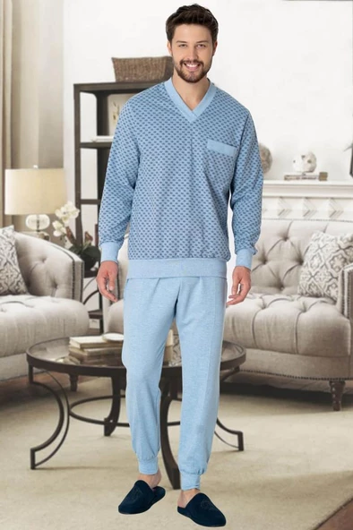 Mecit 2766 Erkek Mavi Büyük Beden Uzun Kollu Pijama Takımı ürün görseli 1