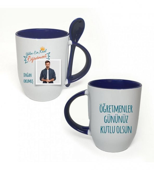 Kişiye Özel Öğretmenler Günü Baskılı İçi ve Kulbu Mavi, Kaşıklı Porselen Kupa Bardak HK2332 ürün görseli 1