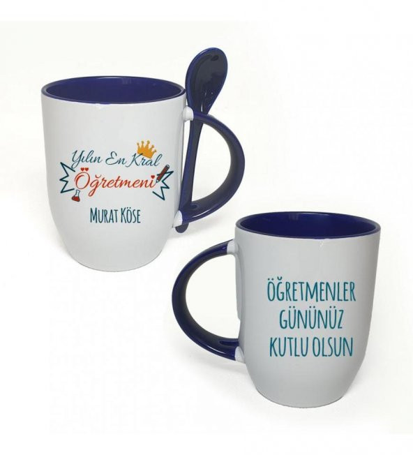 Kişiye Özel Öğretmenler Günü Baskılı İçi ve Kulbu Mavi, Kaşıklı Porselen Kupa Bardak HK2331 ürün görseli 1