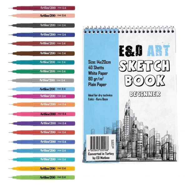 E&D ART Beginner Sketch Book + Artline 200 20'li Set ürün görseli 1