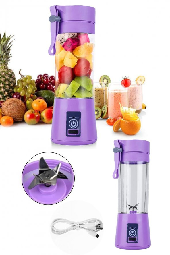 Portatif Taşınabilir Usb Şarjlı Mikser El Blender Mor 380 Ml ürün görseli 1
