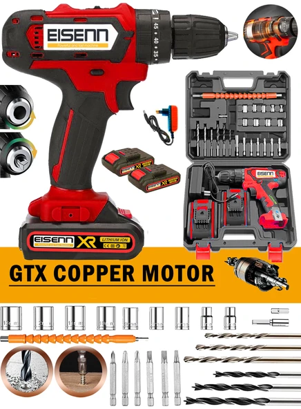 Eisenn Select Red E-10025 Li-on Çift Akülü Metal Şanzuman Şarjlı Matkap Vidalama Uç Seti Hediyeli ürün görseli 1