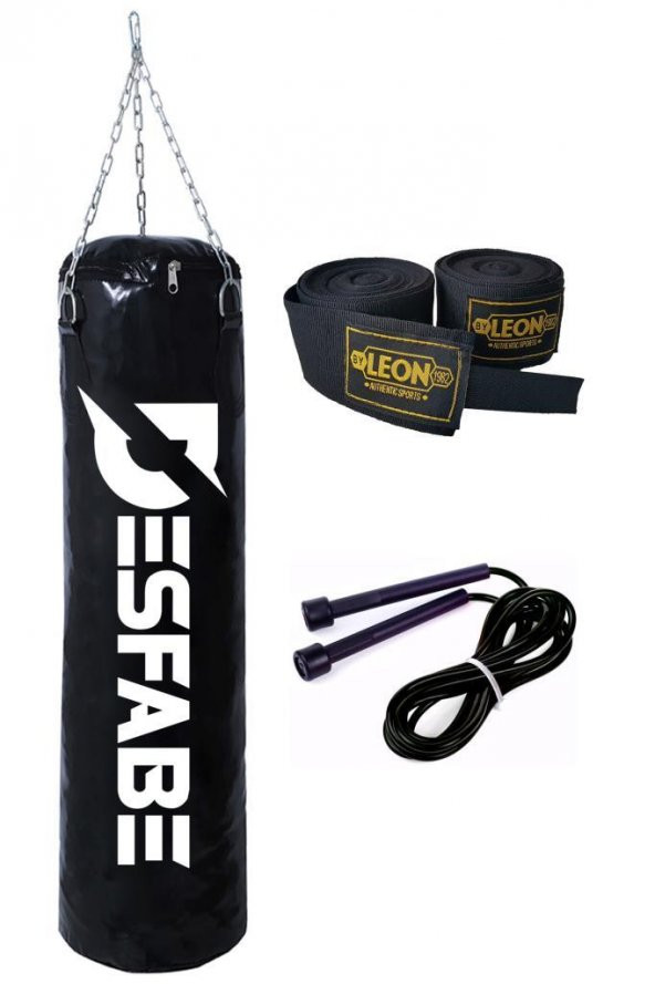 Desfabe Boxing Star 70x25 Cm Zincirli Boks Kum Torbası Siyah+El Sargı Bandajı+Atlama İpi ürün görseli 1