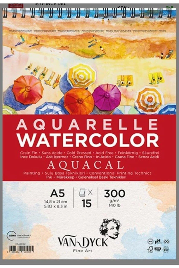 Van Dyck Aquacal İnce Dokulu Coldpress A5 Üstten Spiralli 15 Yaprak Suluboya Blok ürün görseli 1