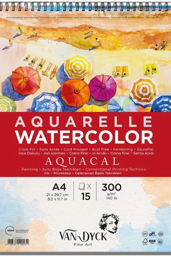 Van Dyck Sulu Boya Blok Aquacal İnce Dokulu Cldpres A4 Üstten Spiralli 15 Yaprak ürün görseli 1