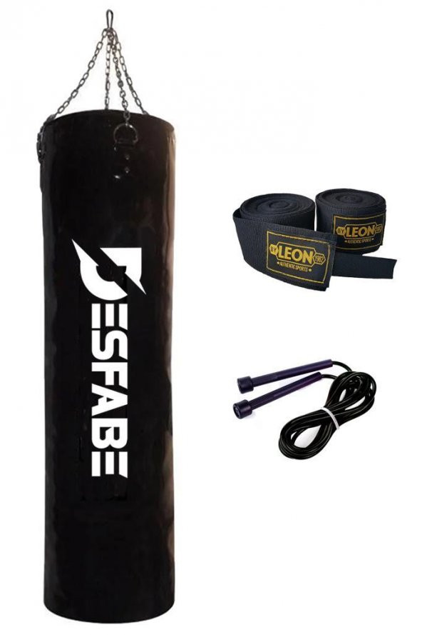 Desfabe Boxing Star 120x32 Cm Zincirli Boks Kum Torbası Siyah+El Sargı Bandajı+Atlama İpi ürün görseli 1