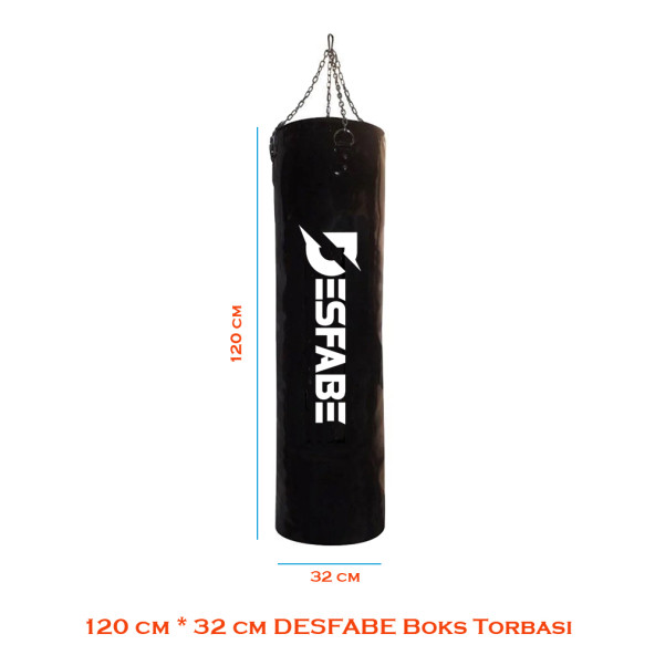 Desfabe Boxing Star 120x32 Cm Zincirli Boks Kum Torbası Siyah+Askı Aparatı+Boks Eldiveni+El Bandajı ürün görseli 1