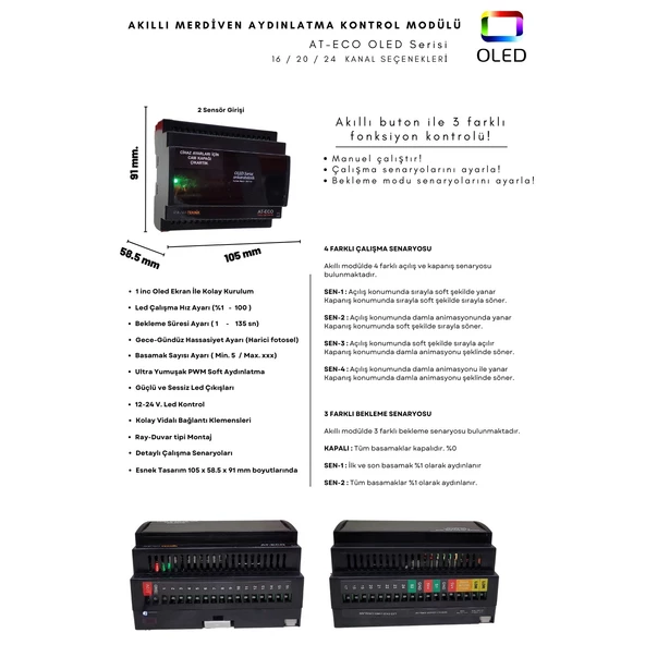 Akıllı Merdiven At-Eco Oled Serisi Akıllı Modül + 2 Adet PIR Sensör (Standart Sensör) - Resim 2