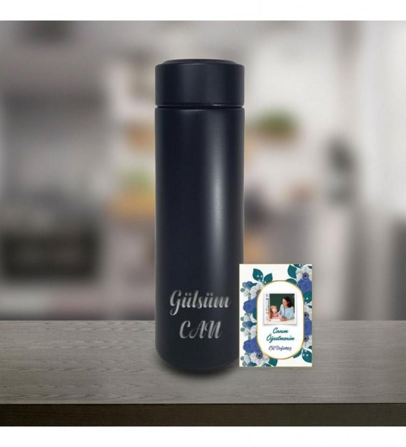 Kişiye Özel Öğretmenler Günü Özel Dijital Sıcaklık Göstergeli Süzgeçli Siyah Termos 450 Ml HK2347 ürün görseli 1