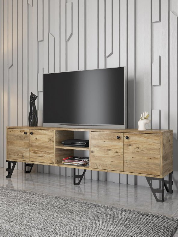 Wood'n Love Sofia 180 Cm Metal Ayaklı Tv Ünitesi - Atlantik Çam / Siyah ürün görseli 1