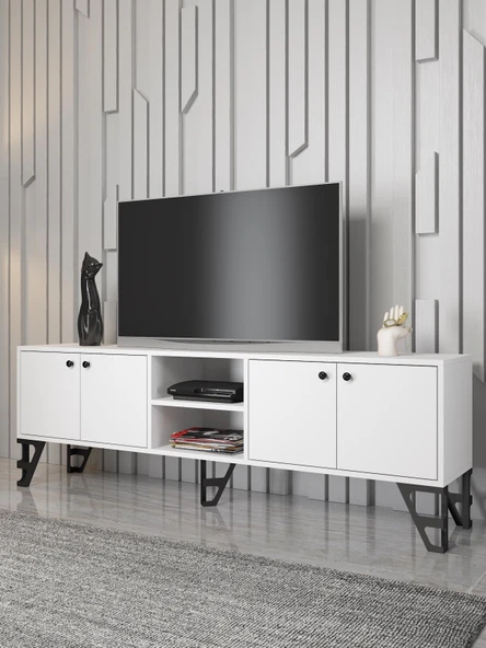 Wood'n Love Sofia 180 Cm Metal Ayaklı Tv Ünitesi - Beyaz / Siyah ürün görseli 1
