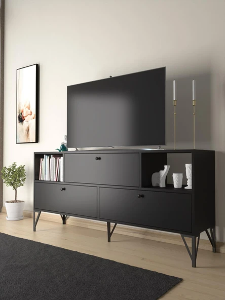 Wood'n Love Mia 160 Cm Metal Ayaklı Tv Ünitesi - Konsol - Siyah / Siyah ürün görseli 1