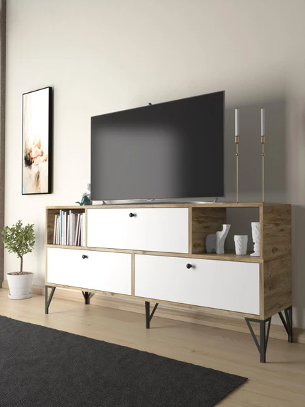 Wood'n Love Mia 160 Cm Metal Ayaklı Tv Ünitesi - Konsol - Atlantik Çam - Beyaz / Siyah ürün görseli 1