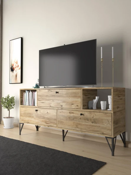 Wood'n Love Mia 160 Cm Metal Ayaklı Tv Ünitesi - Konsol - Atlantik Çam / Siyah ürün görseli 1