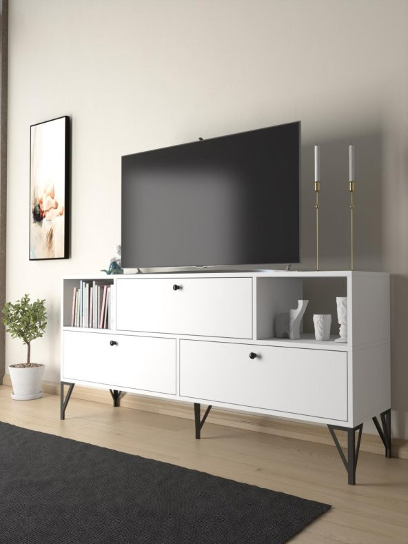 Woodn Love Mia 160 Cm Metal Ayaklı Tv Ünitesi - Konsol - Beyaz / Siyah ürün görseli 1