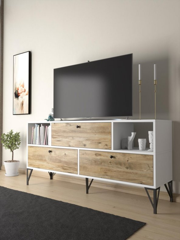 Woodn Love Mia 160 Cm Metal Ayaklı Tv Ünitesi - Konsol - Beyaz - Atlantik Çam / Siyah ürün görseli 1