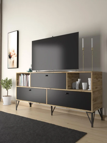 Wood'n Love Mia 160 Cm Metal Ayaklı Tv Ünitesi - Konsol - Atlantik Çam - Siyah / Siyah ürün görseli 1