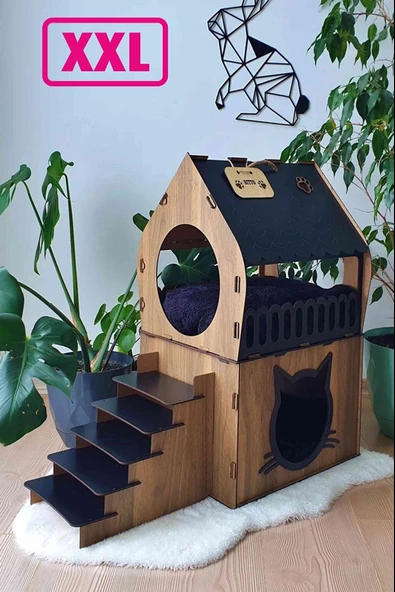 Büyük Kedi Evi Xxl Teraslı Kedi Evi 5kg Ve Üzeri Kediler Için XXL SİYAH ürün görseli 1