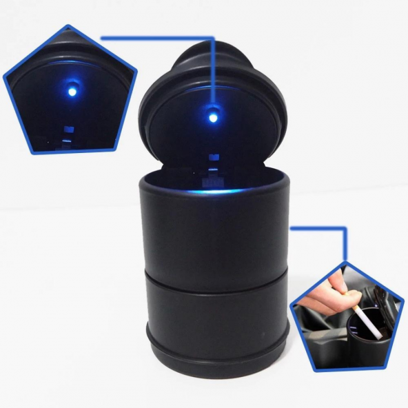 Üniversal Mavi Led Işıklı Spor Oto Küllük Kapaklı Araç İçi Küllük Araba Küllüğü Siyah ürün görseli 1
