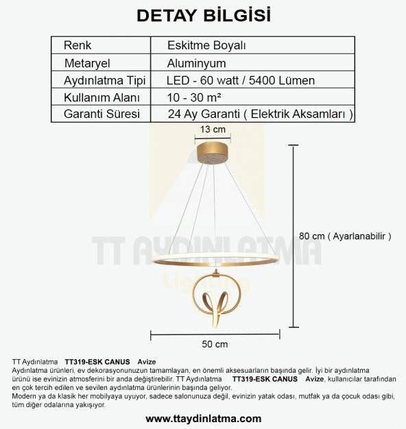 TT Aydınlatma TT319-ESK  Canus Modeli Eskitme Boyalı Led Avize - Resim 3