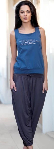 21519 Bayan Yazlık Poly Şalvarlı Pijama - Resim 5