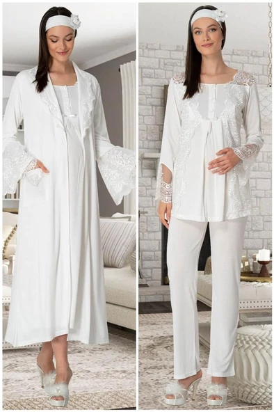 Mecit 5355 Bayan Hamile Lohusa Ekru Sabahlık Gecelik Pijama Takım ürün görseli 1