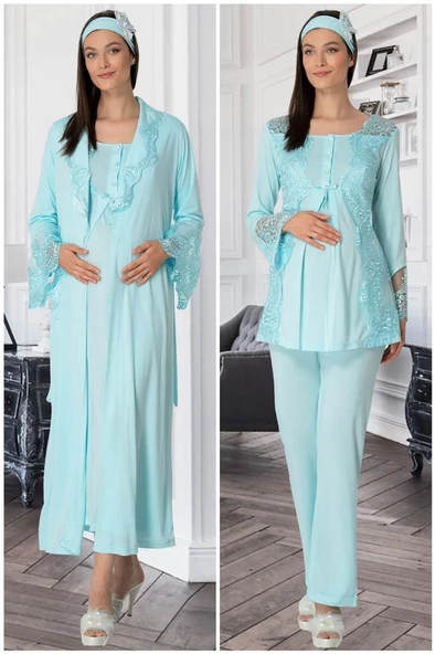 Mecit 5355 Bayan Hamile Lohusa Turkuaz Sabahlık Gecelik Pijama ürün görseli 1